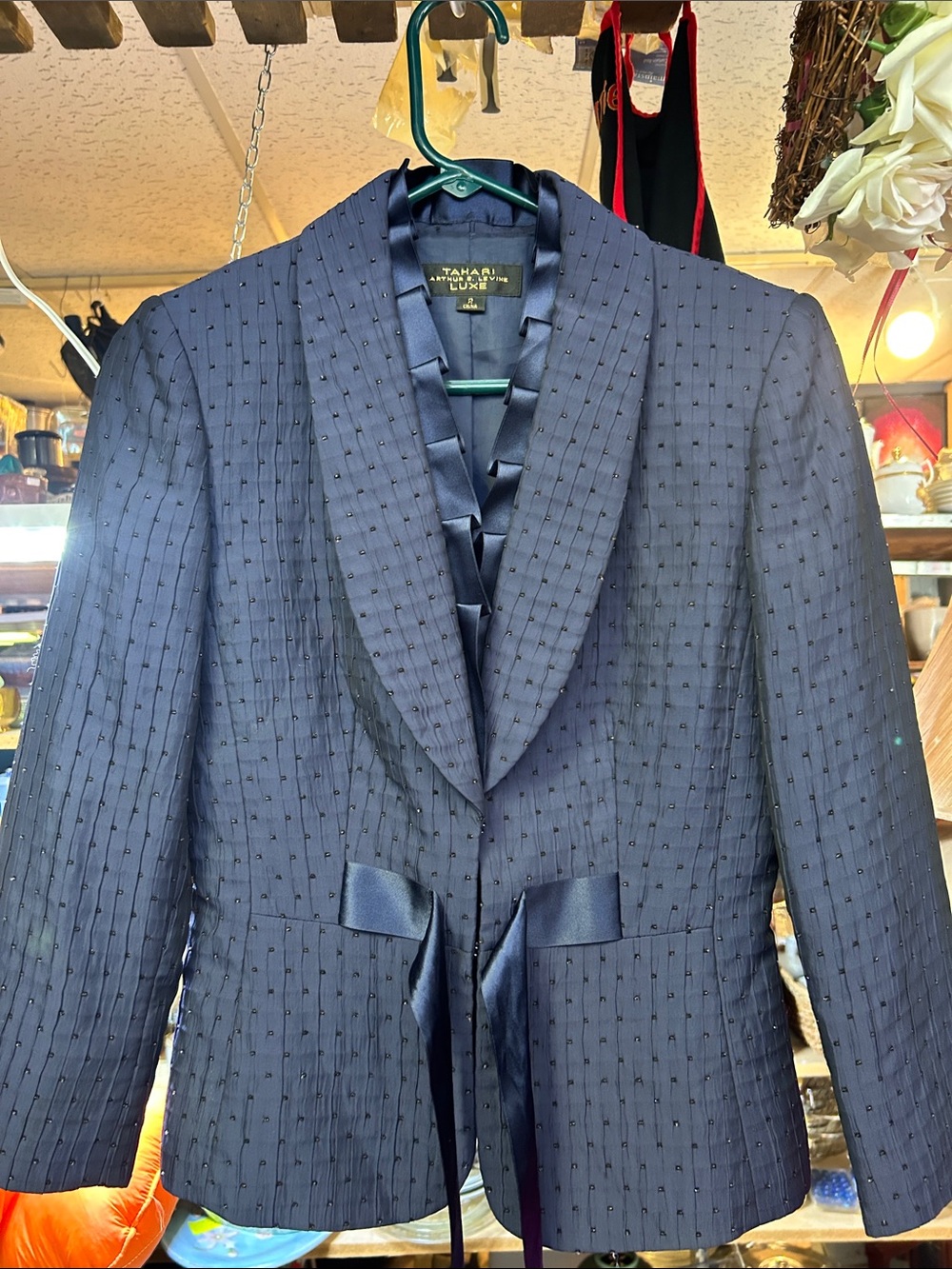 Tahari Navy Textured Satin-Trim Blazer